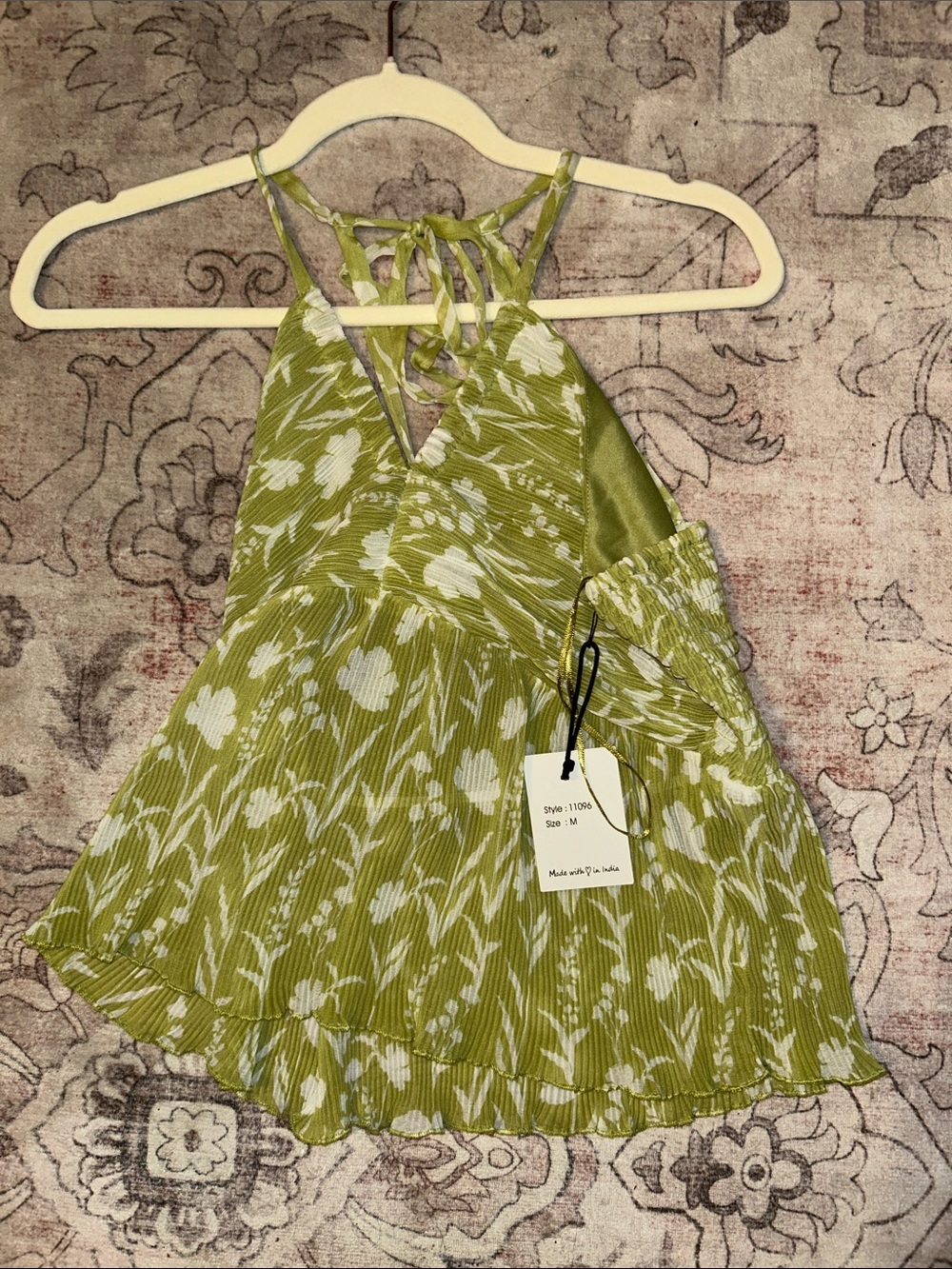 Green Floral Halter Tank Top with Tie-Back